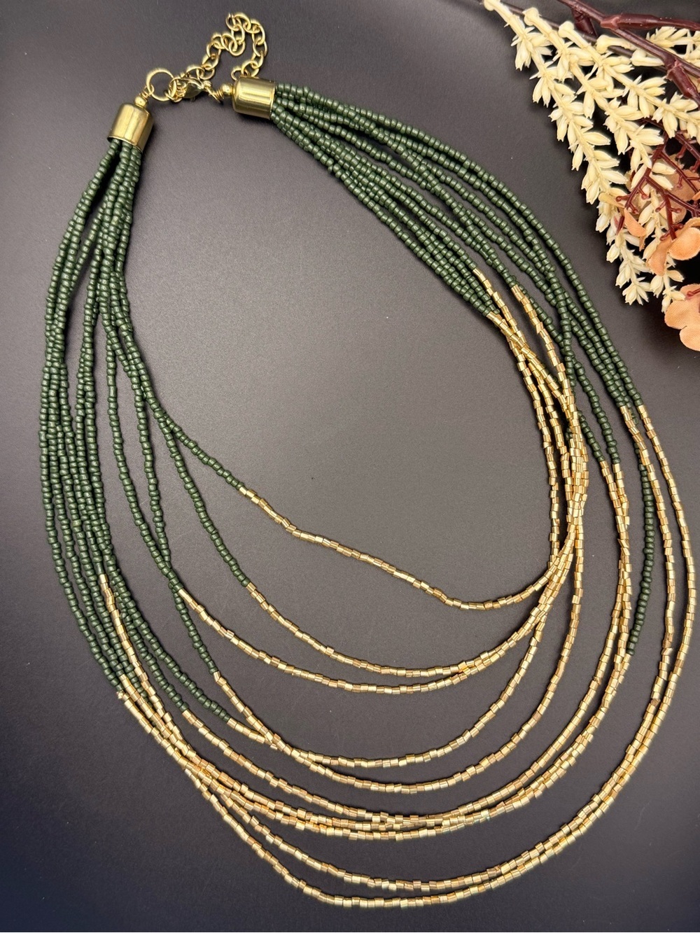 Source Unknown Green and Gold Multi-Strand Seed Beaded Necklace